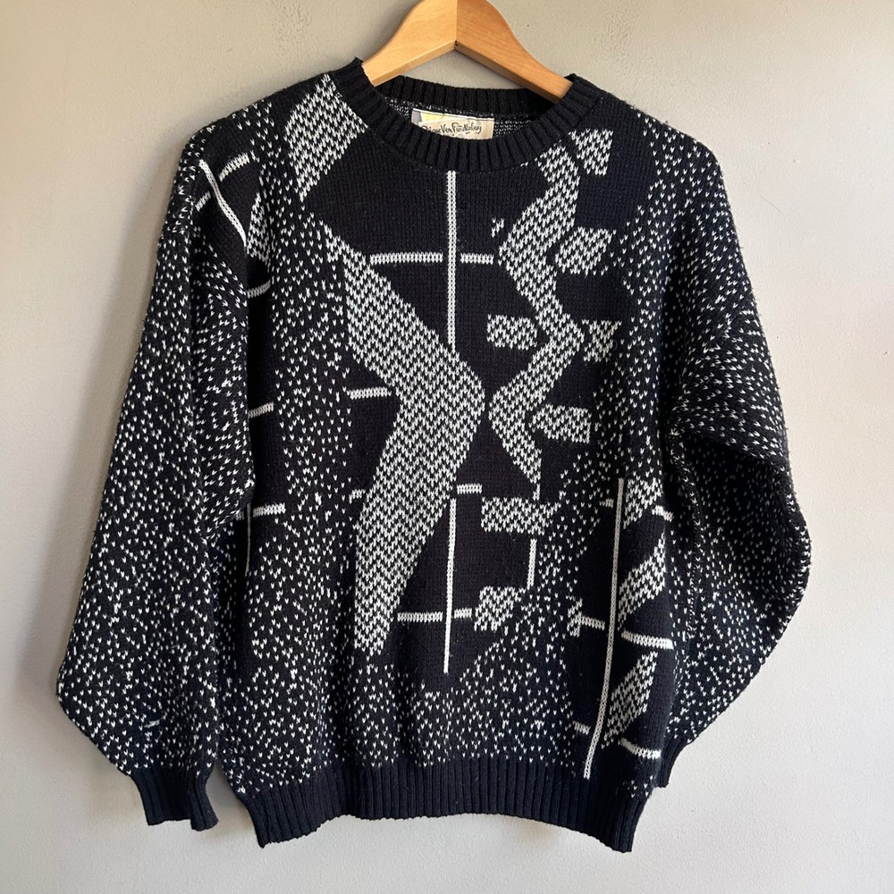 Vintage Diane Von Furstenberg DVF Geometric Knit Sweater Black White USA Made